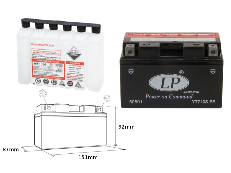 LANDPORT akumulátor YTZ10S-BS (MA LTZ10S-BS) 12V 8,5AH 151X87X94 bezúdržbový - elektrolyt zvlášť (4) UE48